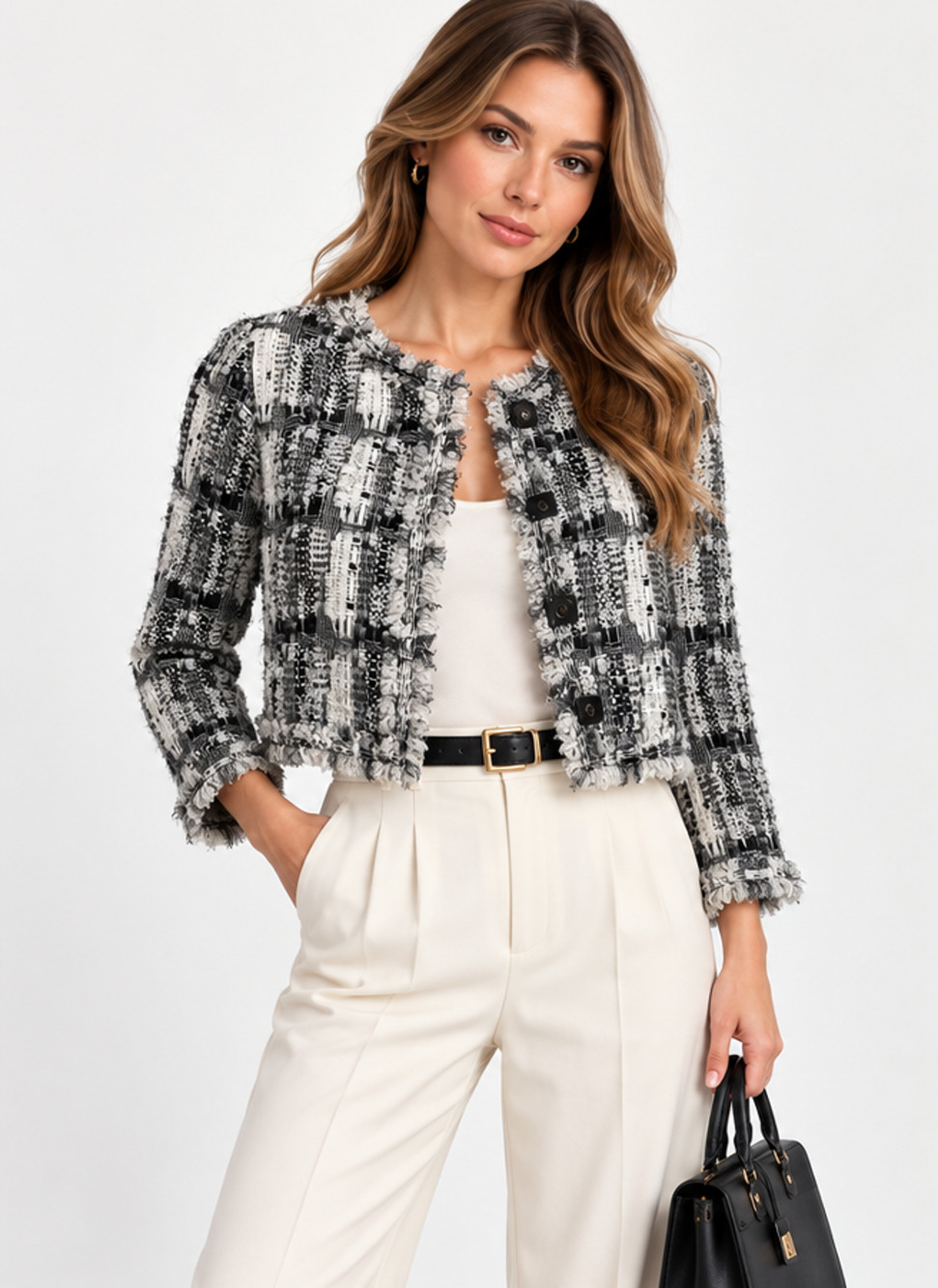 Oscar de la Renta Tweed Cropped Jacket Fringe Sz 2 USA Old Money Parisian Preppy